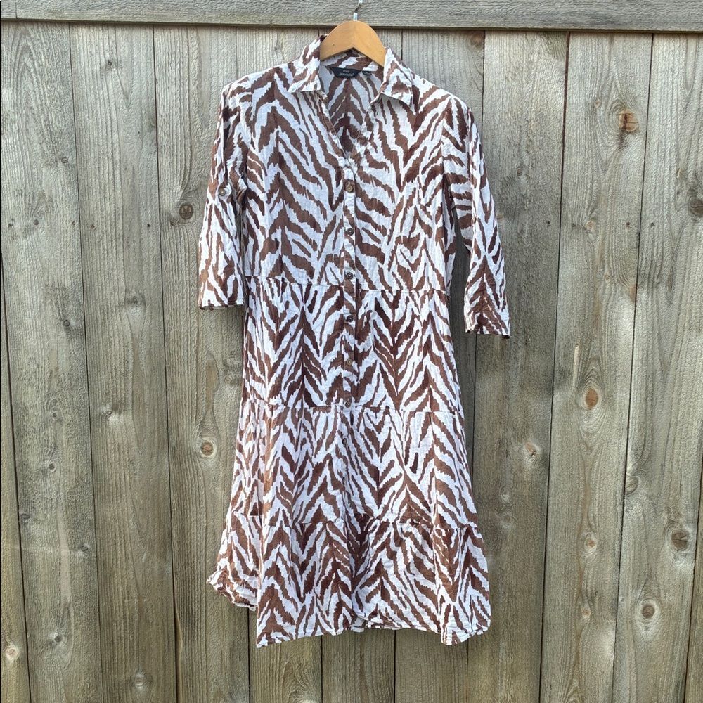 Mlle Gabrielle Cotton Brown and White Zebra Print Dress